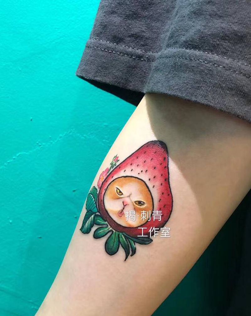 水果猫咪纹身图片_手臂腿部New School纹身图案