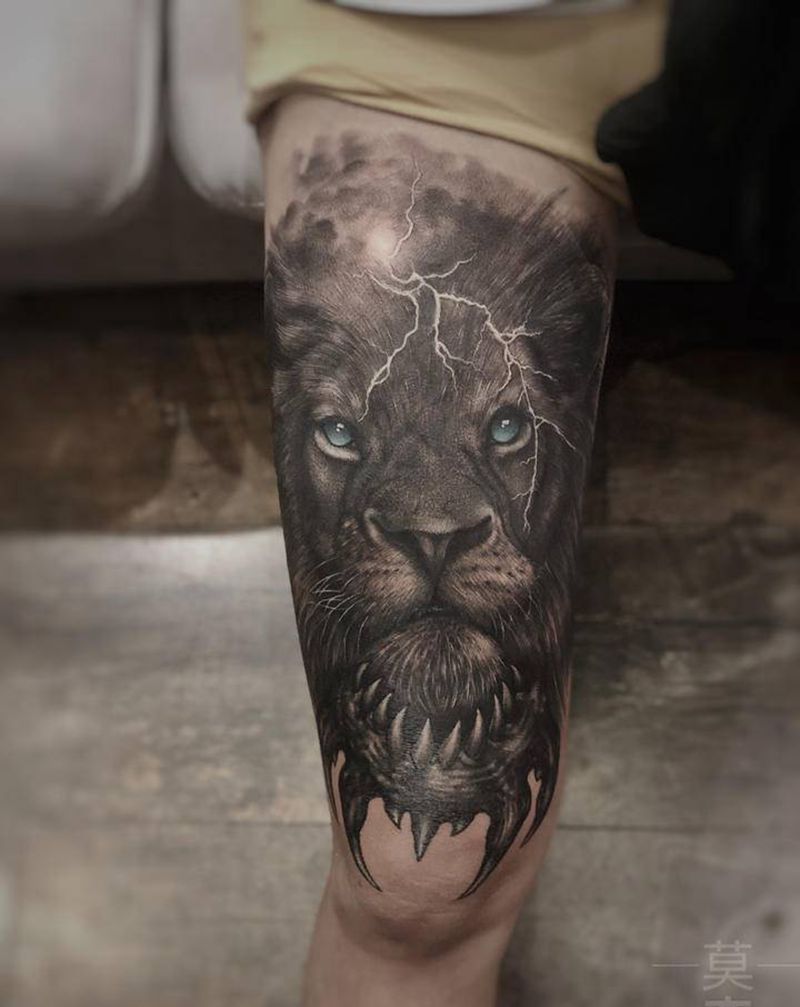 遮盖纹身图片_腿部欧美写实狮子纹身图案