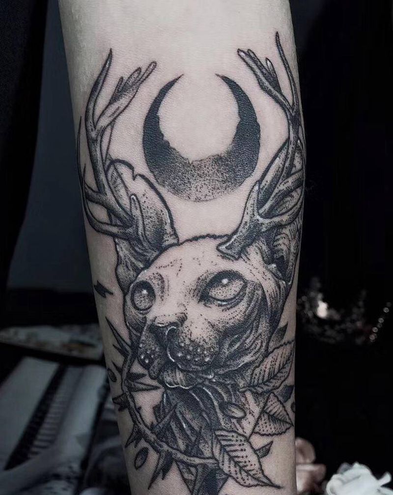 点刺芬克斯猫纹身图片_手臂点刺纹身图案