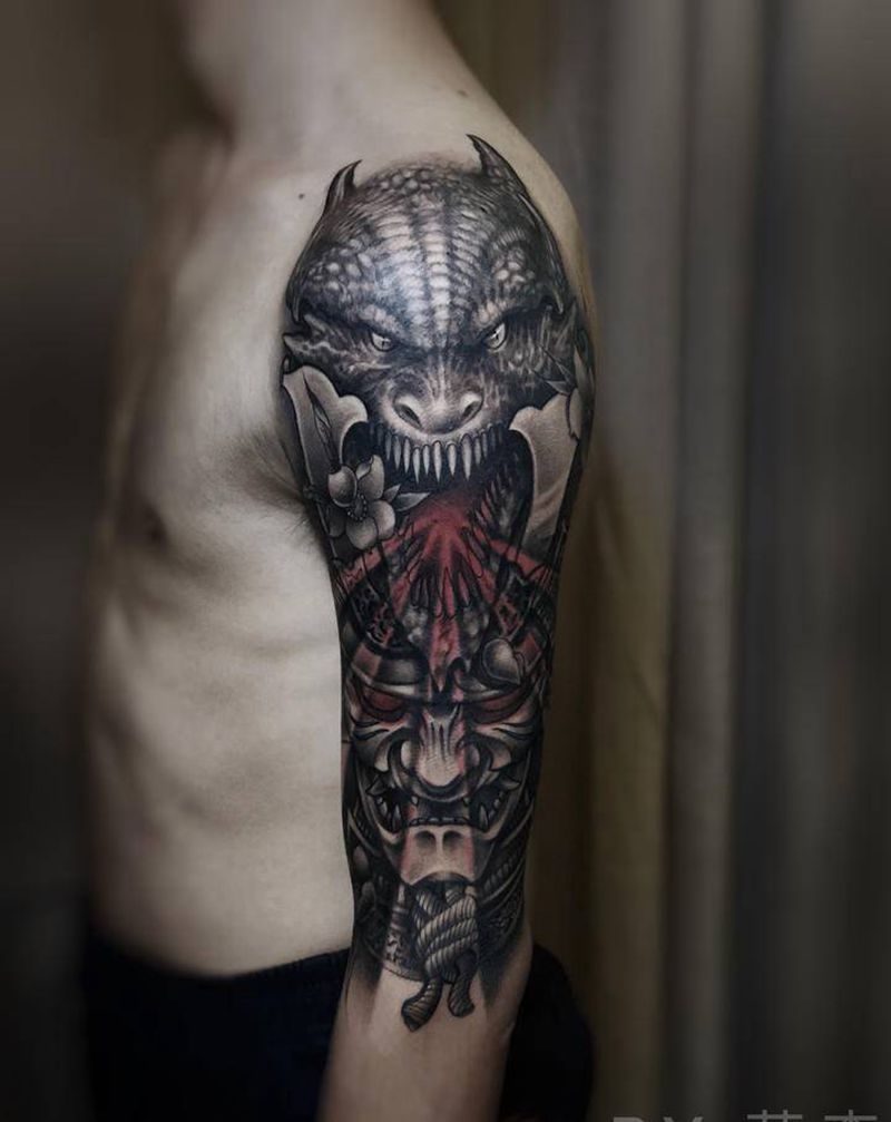 鬼武士纹身图片_欧美写实鬼武士  龙纹身图案