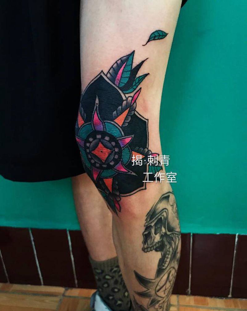 膝盖印花纹身图片_腿部New School水彩纹身图案