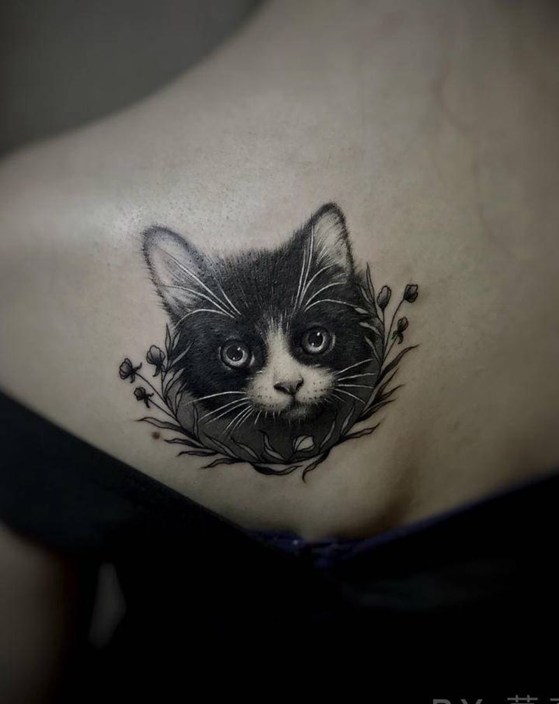 宠物猫纹身图片_肩部背部纹身图案