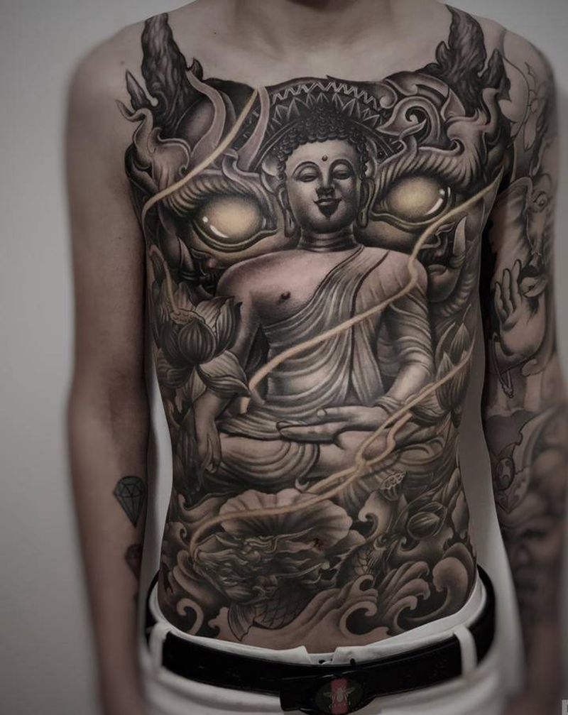 佛-魔纹身图片_胸部新传统佛-魔纹身图案