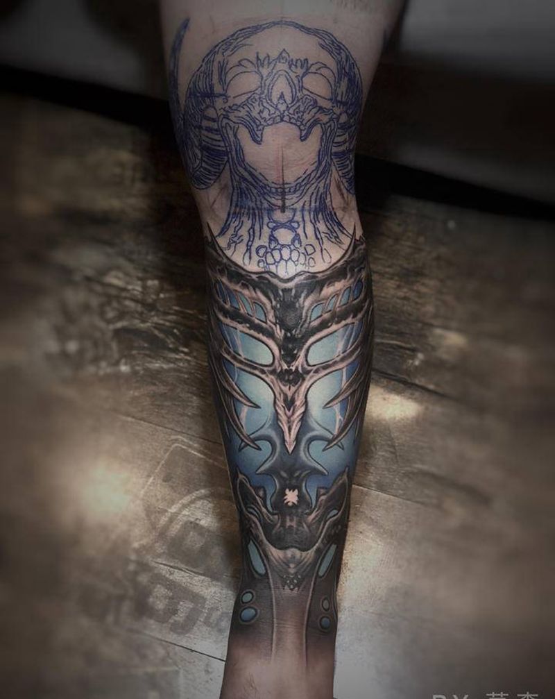 骷髅纹身图片_腿部欧美写实纹身图案