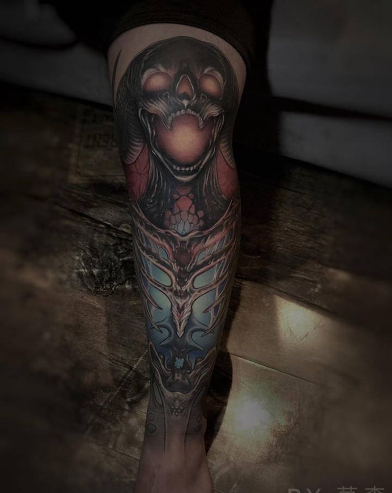 骷髅小腿纹身图片_欧美写实纹身图案