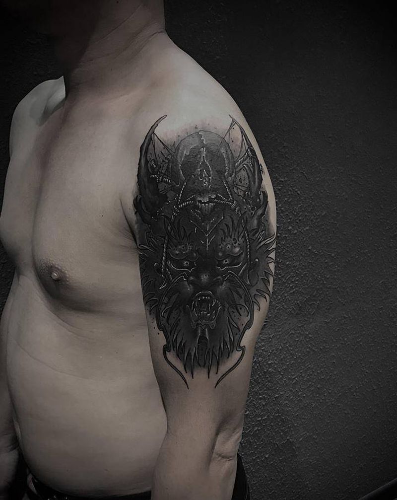 暗黑龙头纹身图片_手臂新传统纹身图案