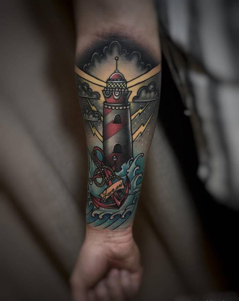 灯塔纹身图片_手臂Old School纹身图案