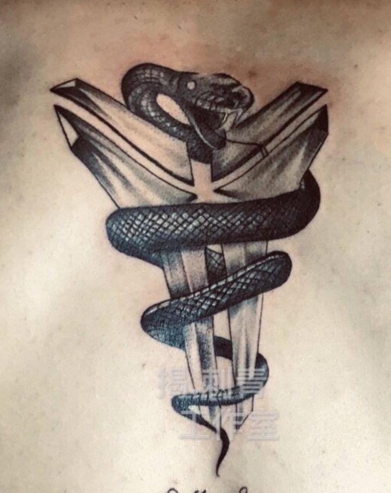 黑曼巴蛇缠绕倒三角科比logo纹身图片_背部点刺纹身图案