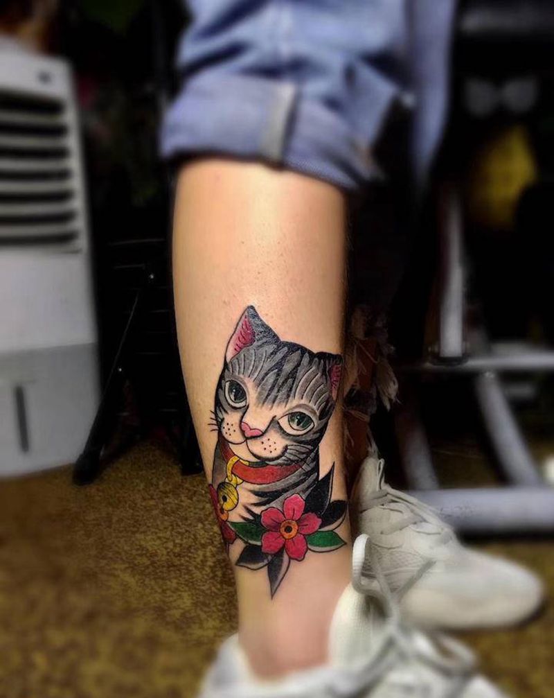 猫咪遮盖纹身图片_腿部脚部Old School纹身图案