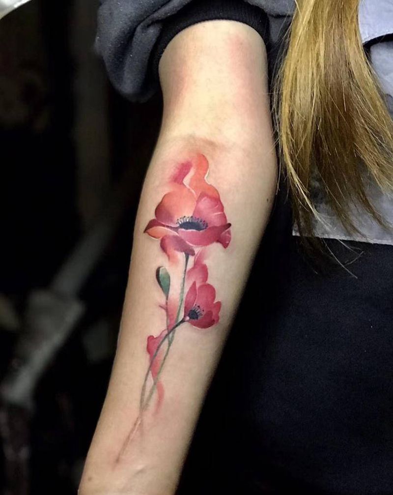 罂粟花纹身图片_手臂手部水墨水彩纹身图案