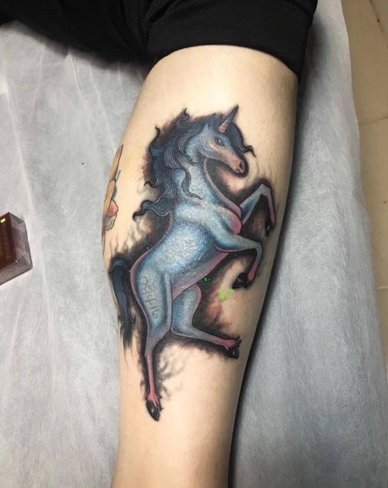 小马纹身图片_脚部腿部水彩Old School纹身图案