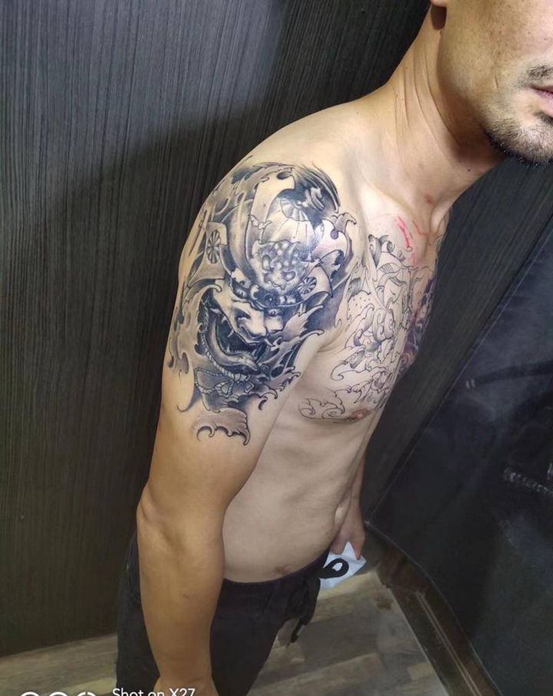 鬼武士遮盖旧图纹身图片_手臂新传统纹身图案