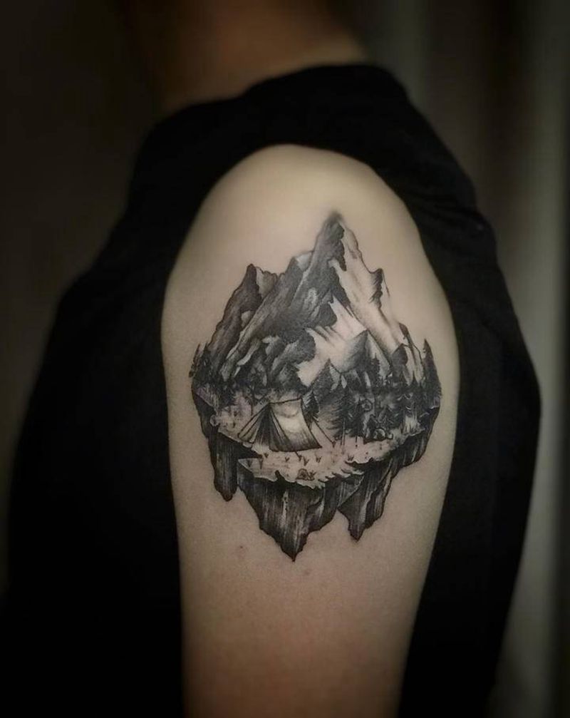山川（遮盖）纹身图片_手臂点刺山河点刺纹身图案