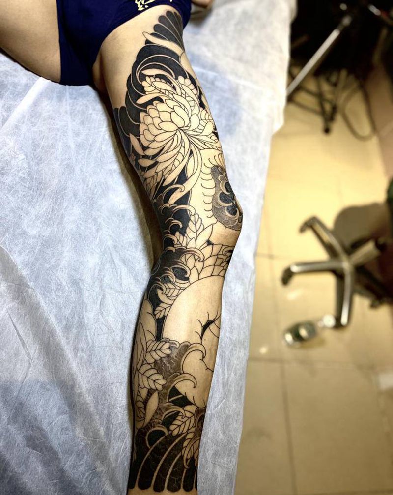 花腿纹身图片_腿部脚部老传统纹身图案