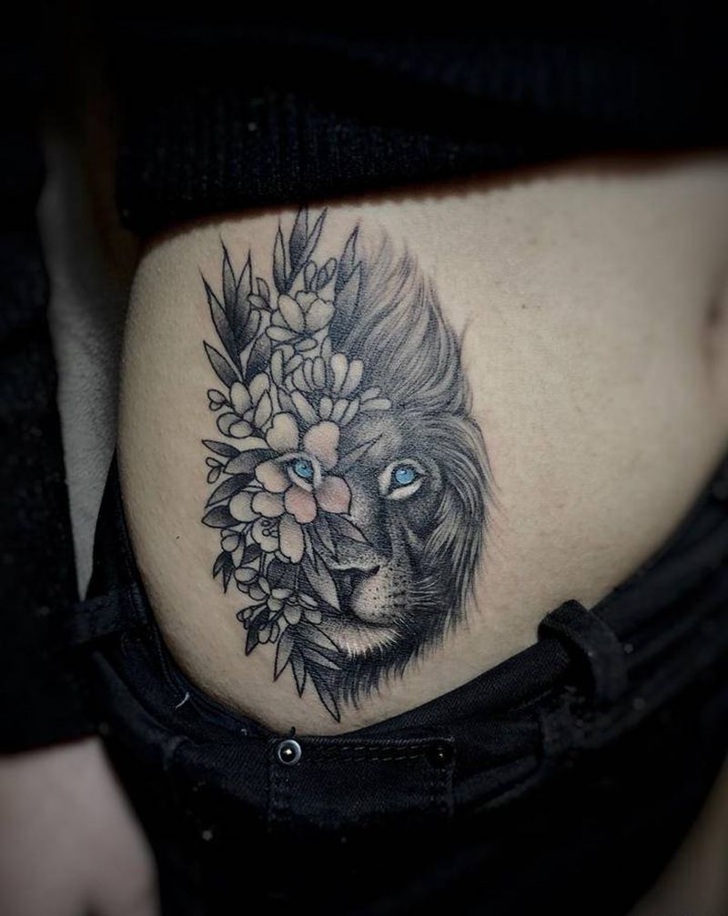 遮盖伤痕纹身图片_腹部欧美写实狮子纹身图案