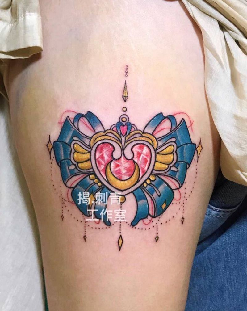 宝石彩带纹身图片_腿部水彩纹身图案