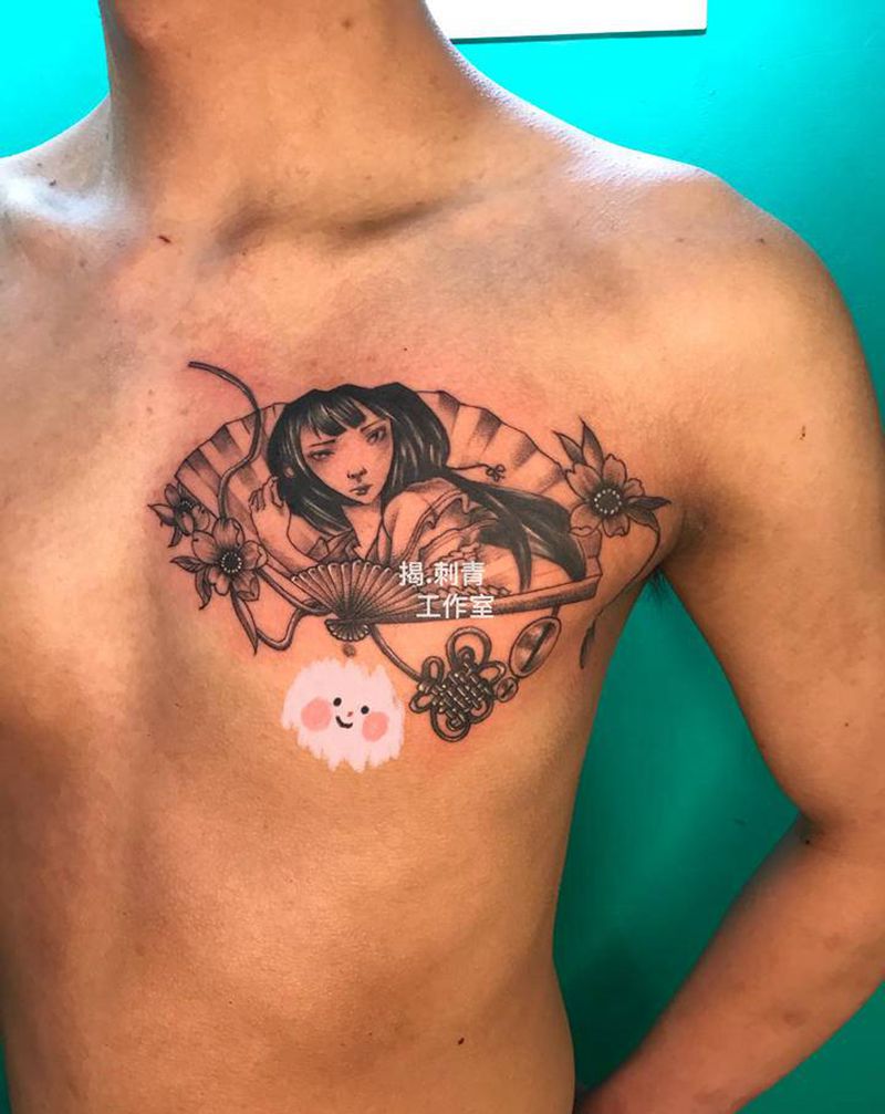 艺伎纹身图片_胸部老传统纹身图案