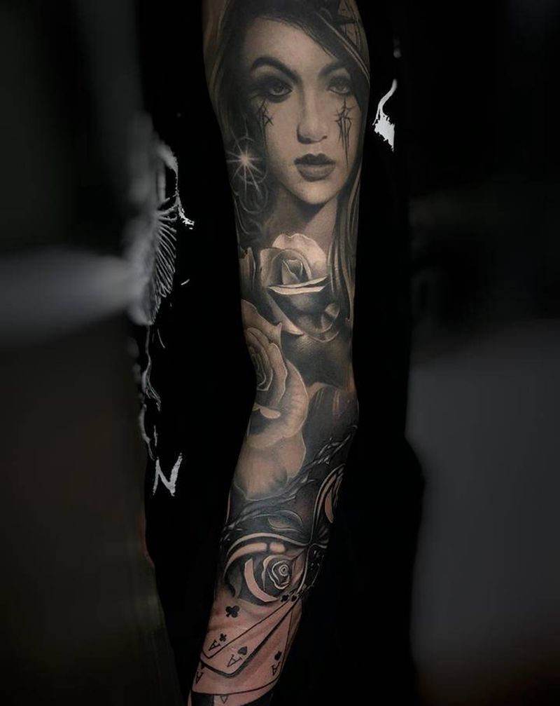 欧美花臂纹身图片_手臂欧美写实人物  花纹身图案