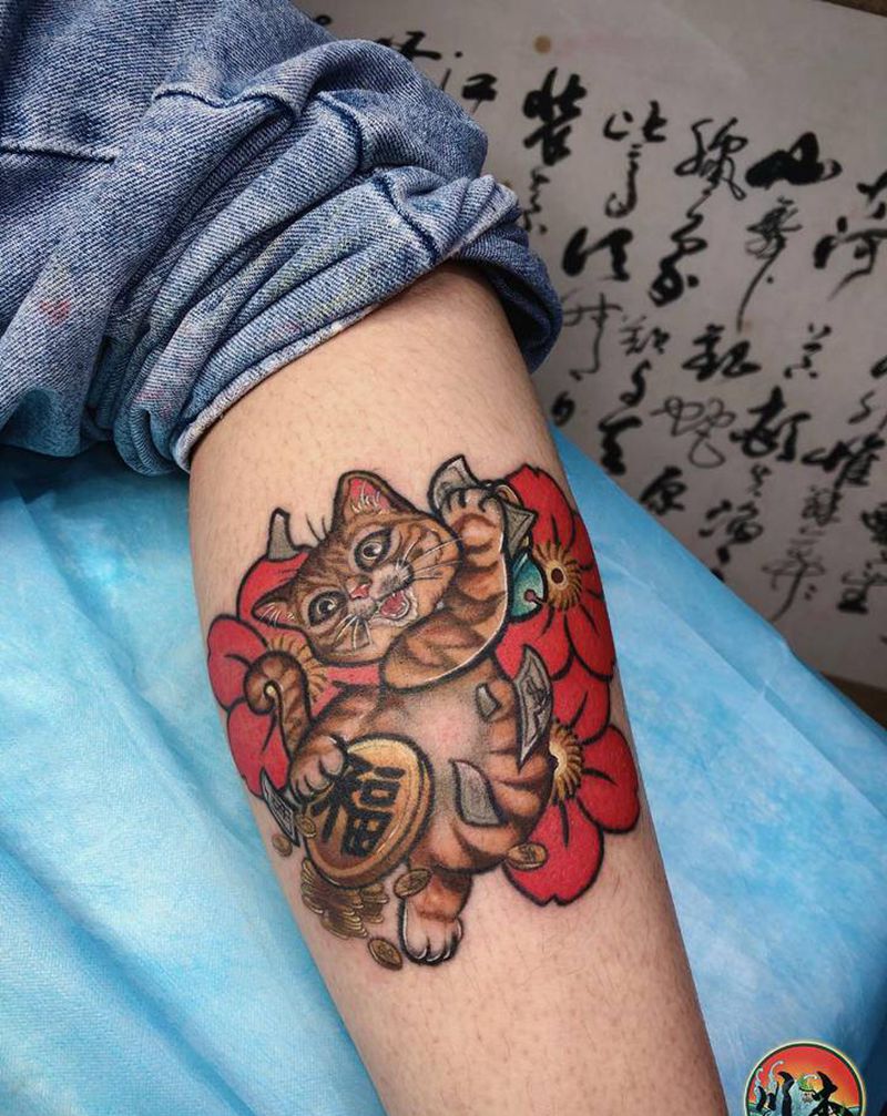 喵纹身图片_腿部新传统纹身图案