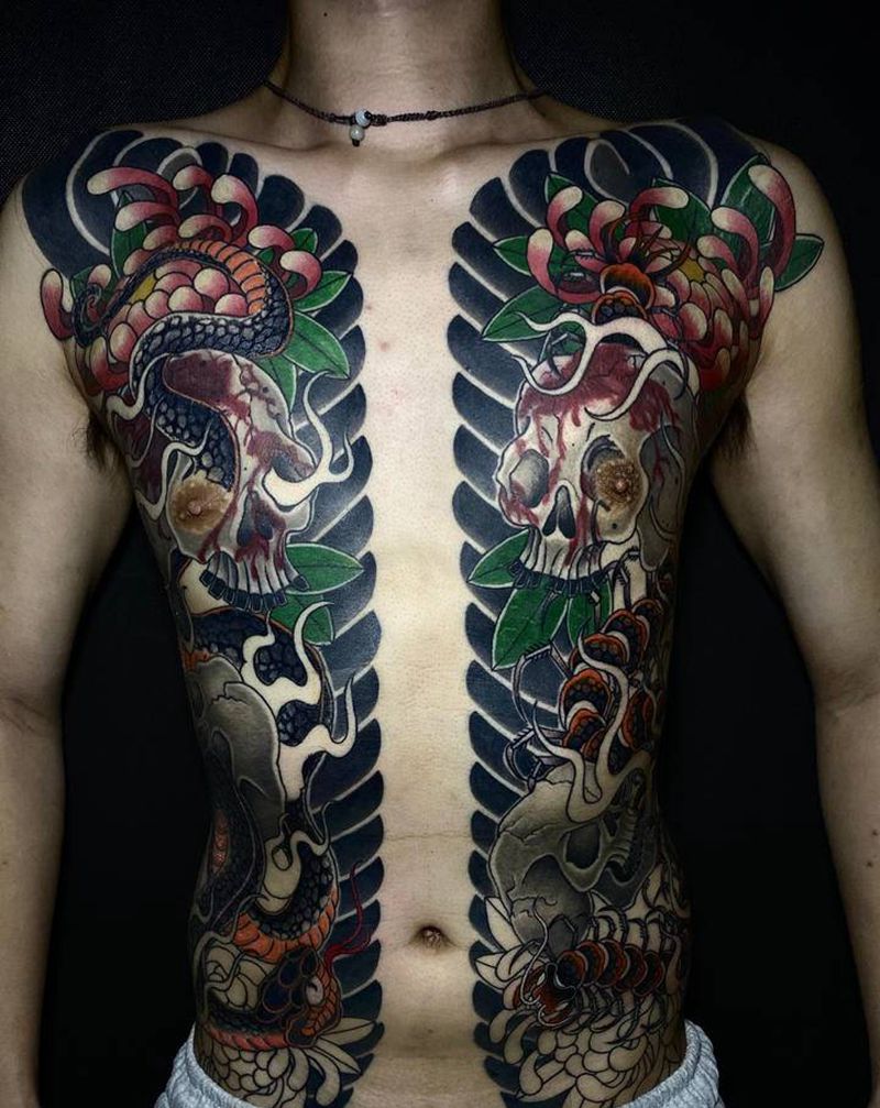 日式开衫纹身图片_胸部老传统纹身图案