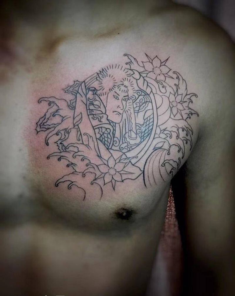 日式风格纹身图片_胸部老传统纹身图案