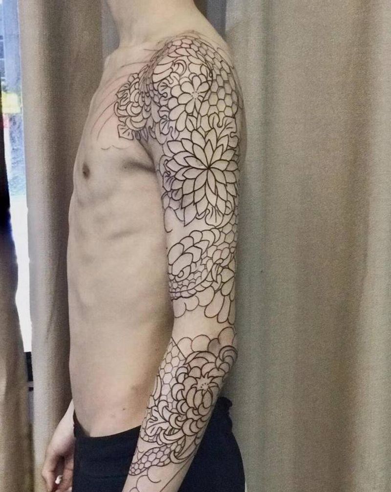 日式菊花蛇纹身图片_手臂老传统纹身图案