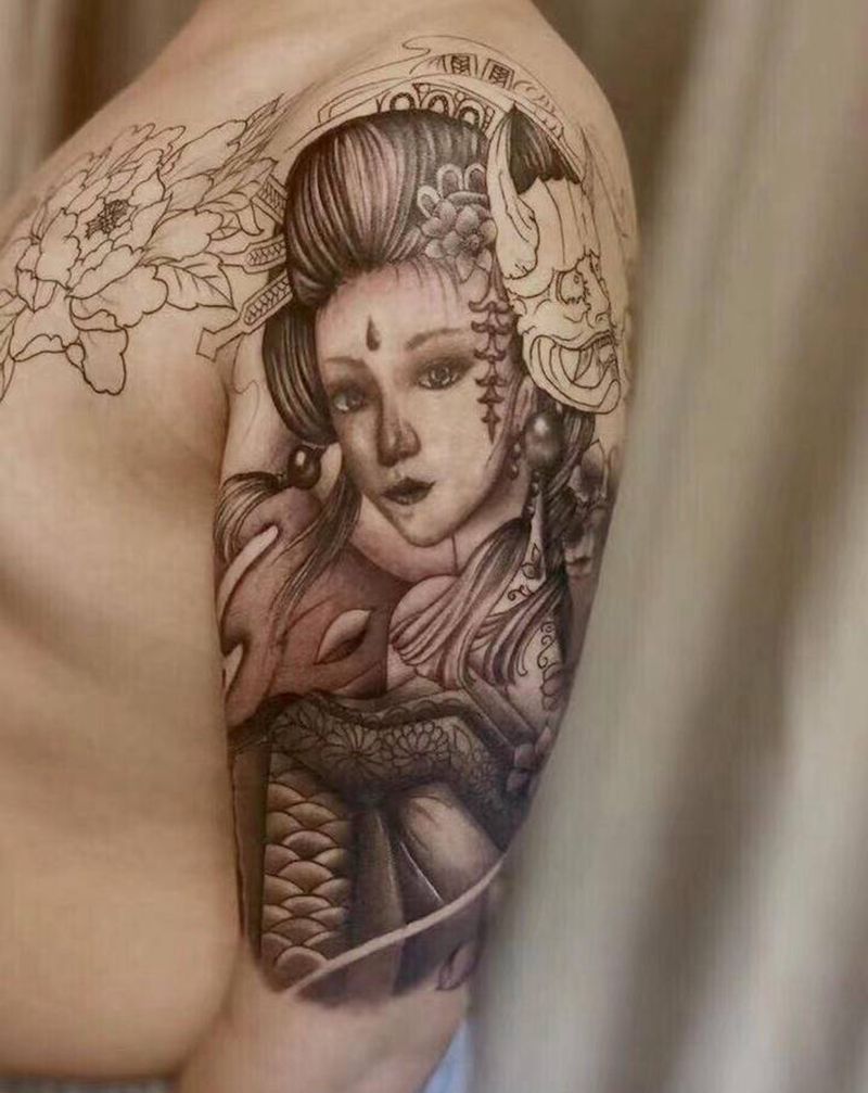 艺妓纹身图片_手臂新传统纹身图案