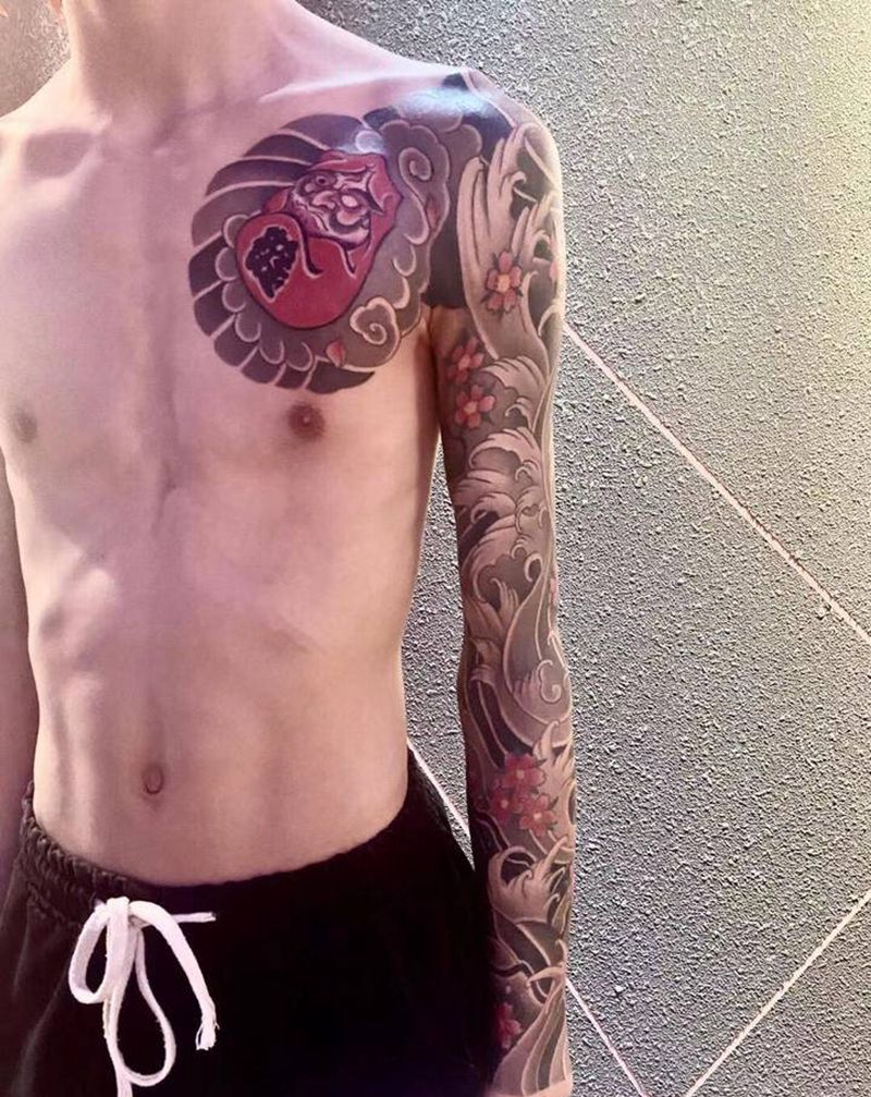 浪花花臂纹身图片_手臂老传统纹身图案