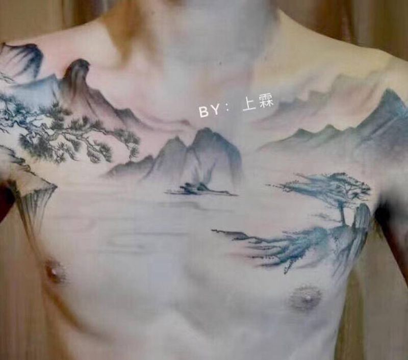 山水画纹身图片_胸部手臂水墨水彩纹身图案