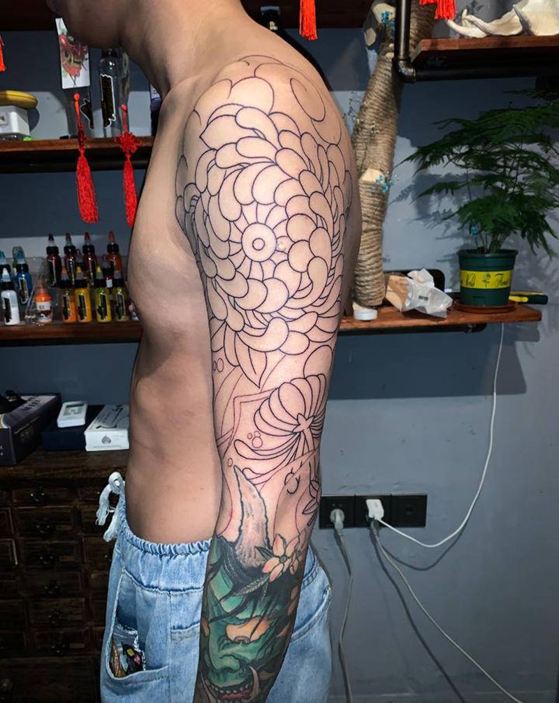 接花臂纹身图片_手臂老传统纹身图案