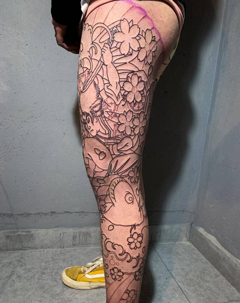 花腿纹身图片_腿部老传统纹身图案