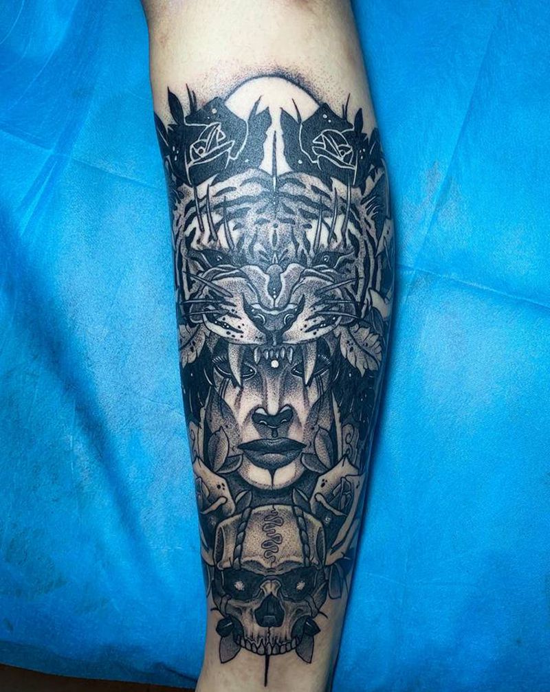 女郎纹身图片_腿部欧美写实纹身图案