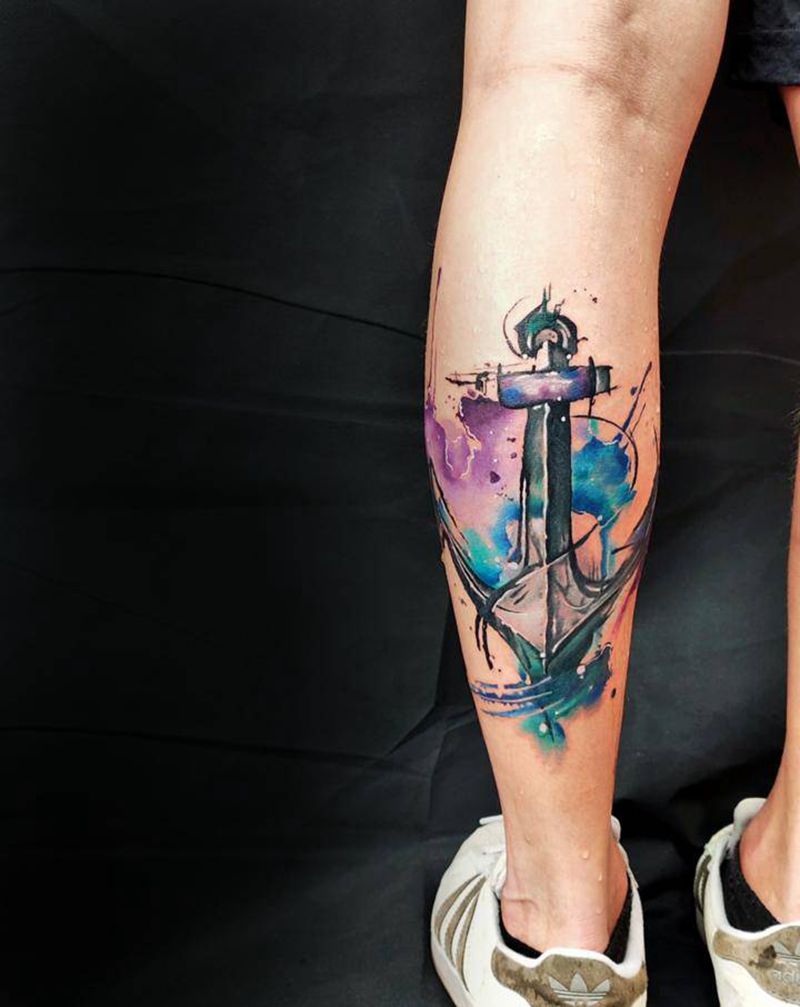 水彩船锚⚓️纹身图片_腿部水彩水彩纹身图案