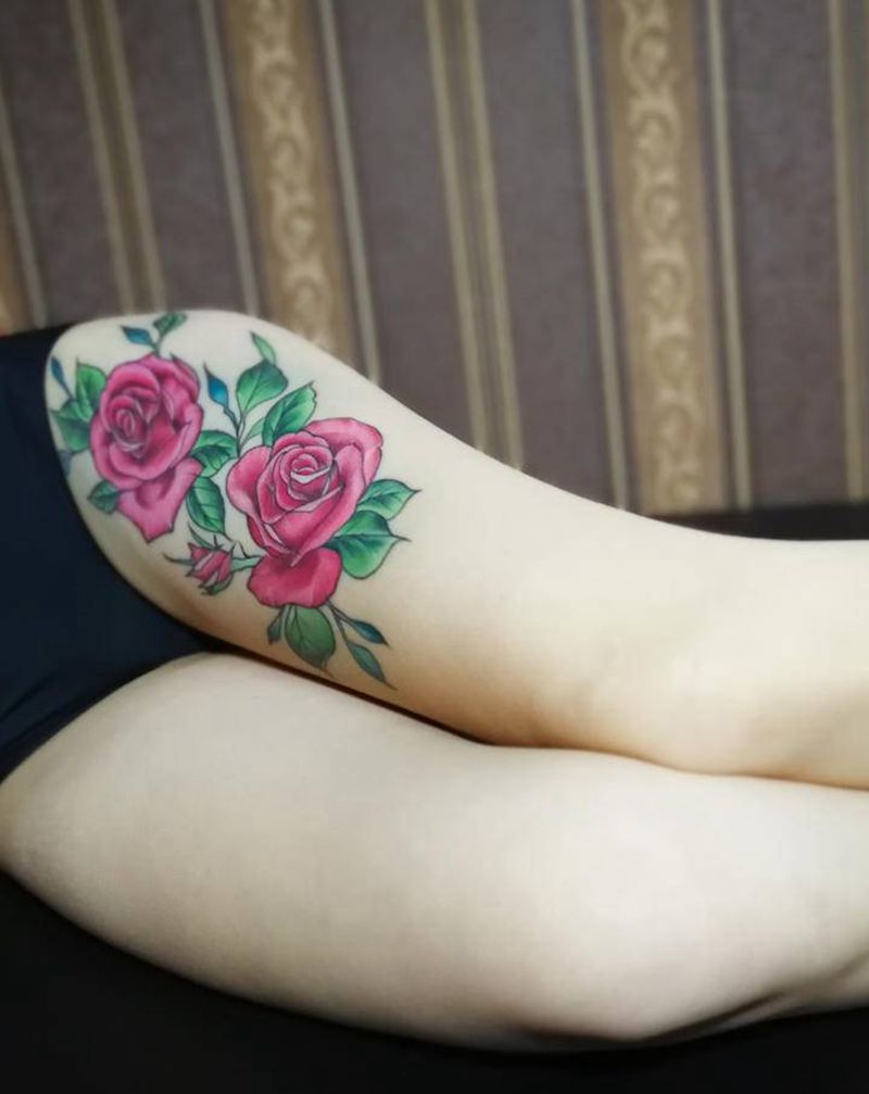 玫瑰花纹身图片_腿部新传统玫瑰纹身图案
