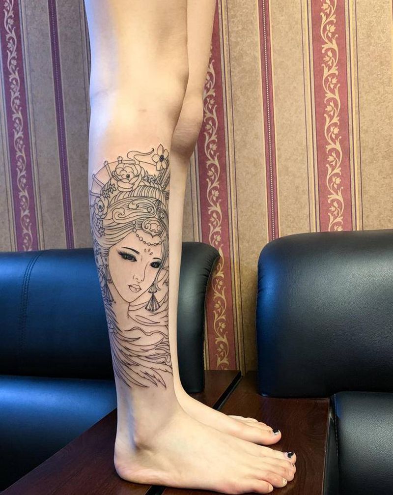 艺妓纹身图片_腿部纹身图案