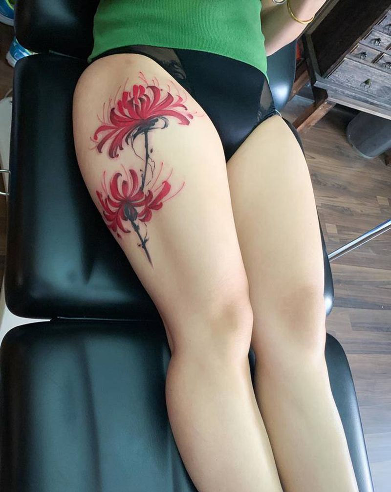 彼岸花纹身图片_腿部纹身图案