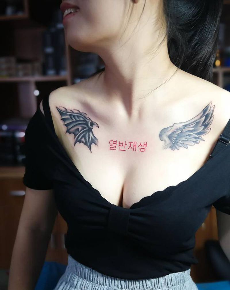 天使与恶魔纹身图片_胸部纹身图案