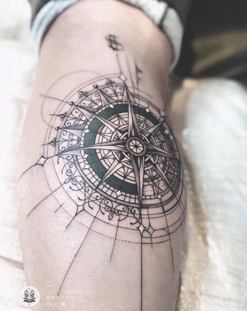 罗盘纹身图片_腿部几何纹身图案