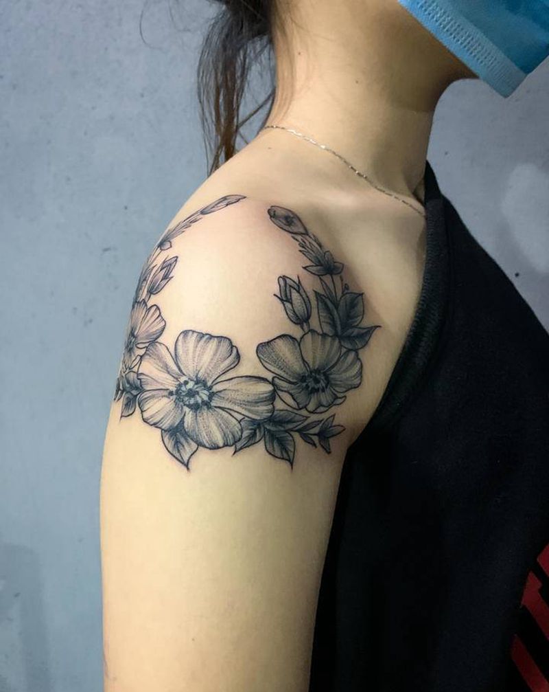 素花纹身图片_肩部纹身图案