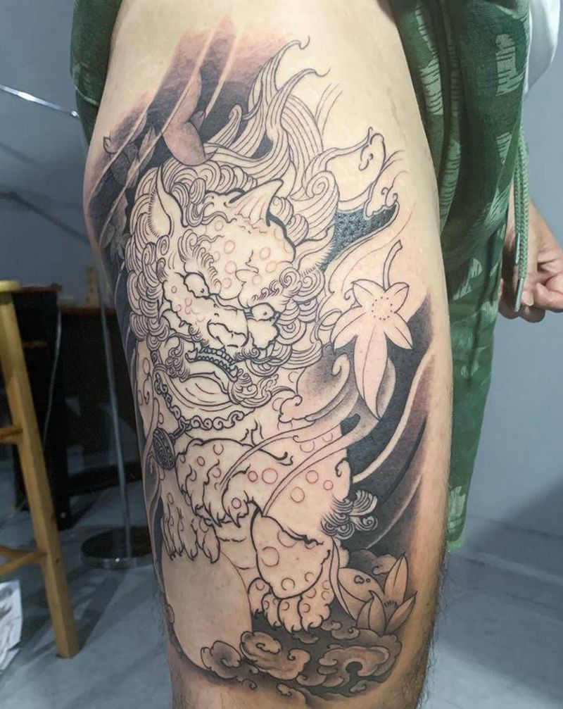 唐狮纹身图片_腿部老传统纹身图案