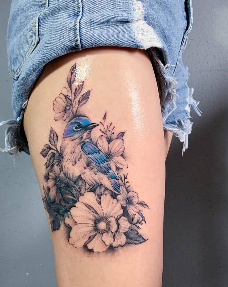 素花覆盖纹身图片_腿部纹身图案