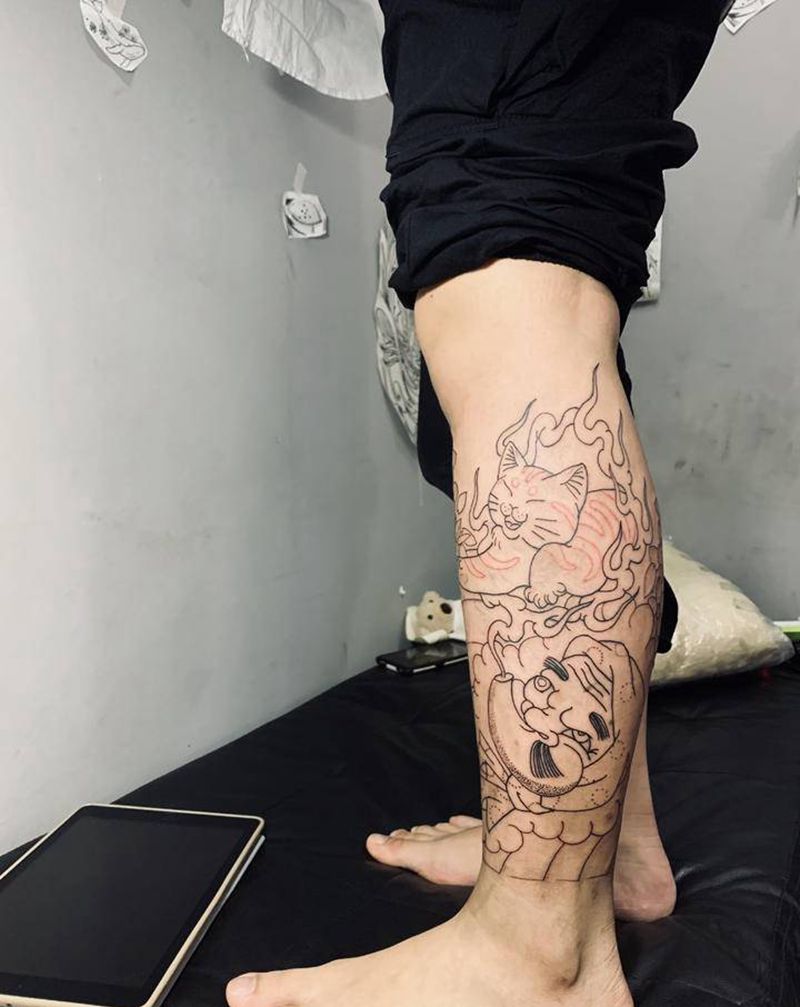 老传统纹身图片_腿部新传统纹身图案