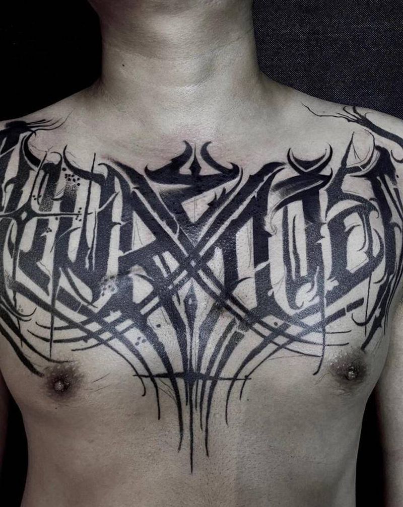 花胸纹身图片_胸部花体字纹身图案