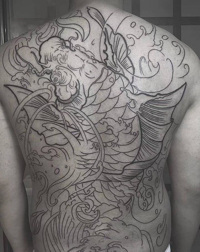 传统大鲤线纹身图片_老传统鱼线鱼纹身图案