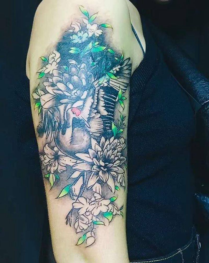 鹤遮盖纹身图片_手臂纹身图案