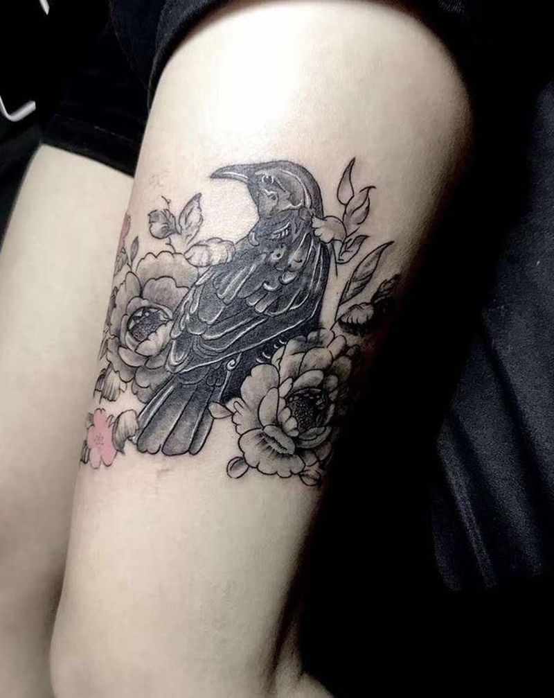 花鸟遮盖纹身图片_腿部纹身图案