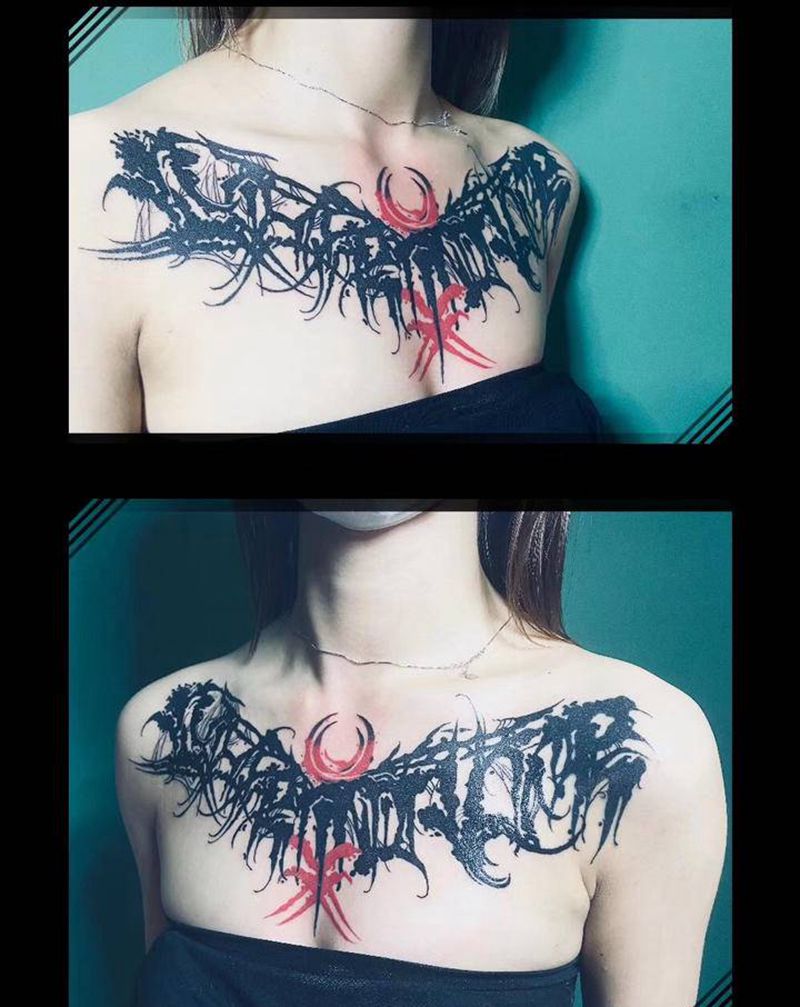 花胸成品纹身图片_胸部花体字纹身图案