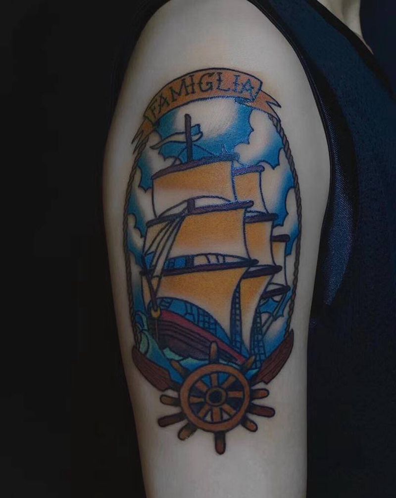 帆船纹身图片_手臂纹身图案