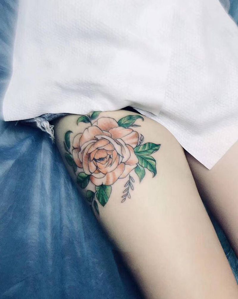 牡丹纹身图片_腿部纹身图案