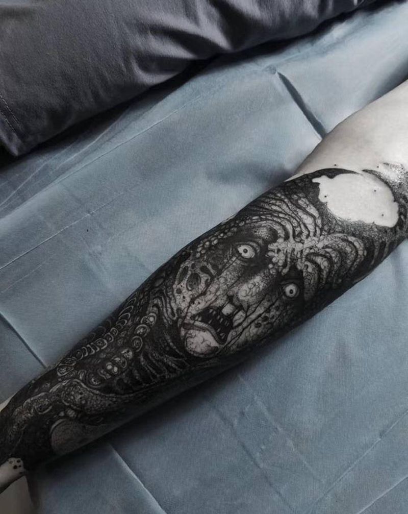 设计 暗黑小腿纹身图片_腿部纹身图案